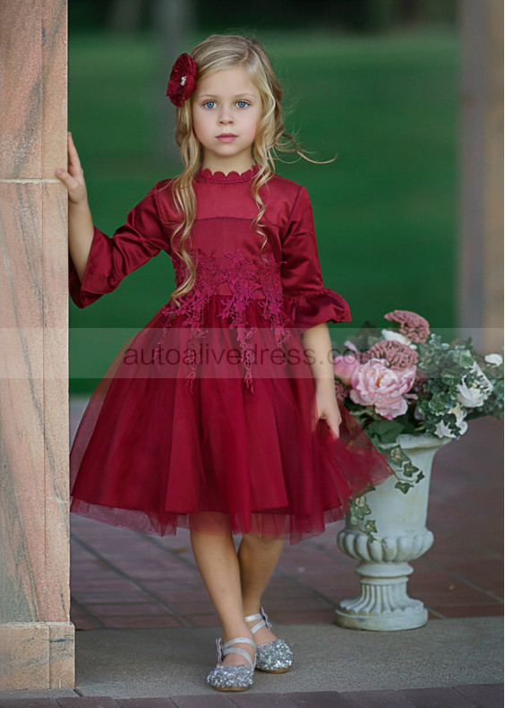 Bell Sleeve Lace Tulle Flower Girl Dress Holiday Dress